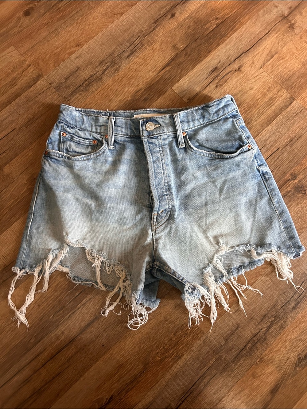 MOTHER Superior Light Blue Distressed Denim Cutoff Shorts